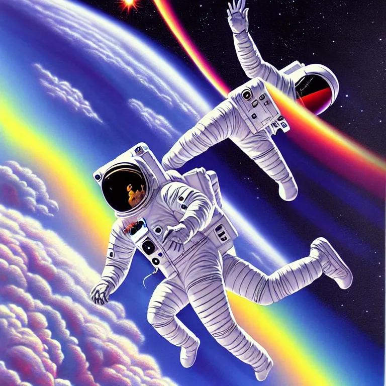 Prompt: astronaut at the rainbow bridge. paul gulacy. philip caza. artgerm.