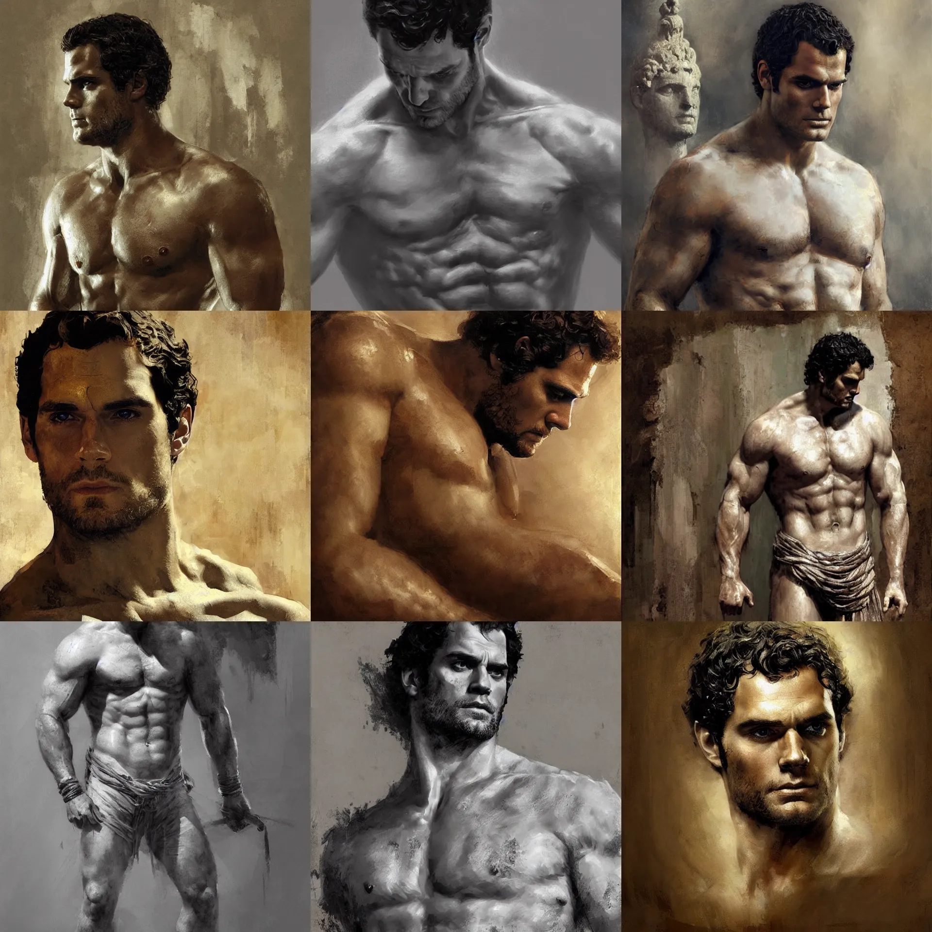 Prompt: digital art painting of henry cavill as an ancient greek god, upper torso painted by craig mullins and gaston bussiere and greg rutkowski, symmetrical face, defined facial features, symmetrical facial features, dramatic lighting