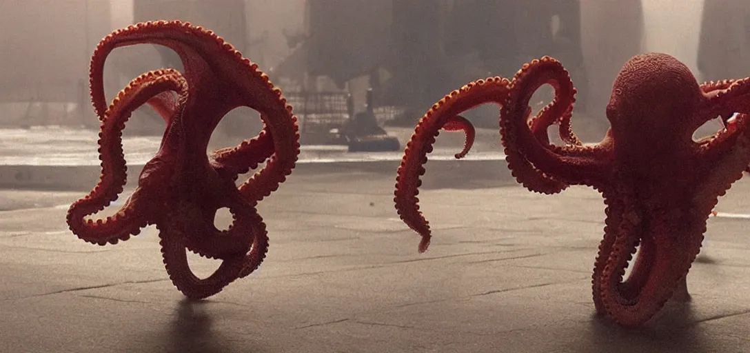 Image similar to an octopus in the shape of a clown, foggy, cinematic shot, photo still from movie by denis villeneuve, wayne barlowe