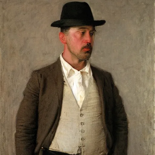 Prompt: white shirt, red vest, and white derby hat, by thomas eakins