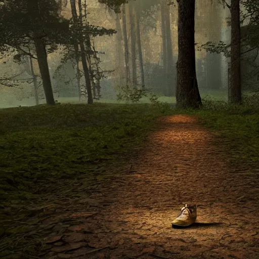 Prompt: a shoe on a path in the middle of a forest, dark, unreal engine