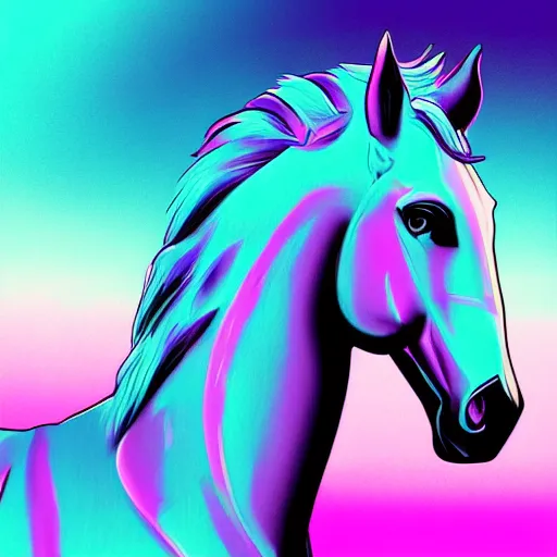 Prompt: digital horse, synthwave palette, highly detailed, anatomically correct equine, retro feel, portrait, digital art