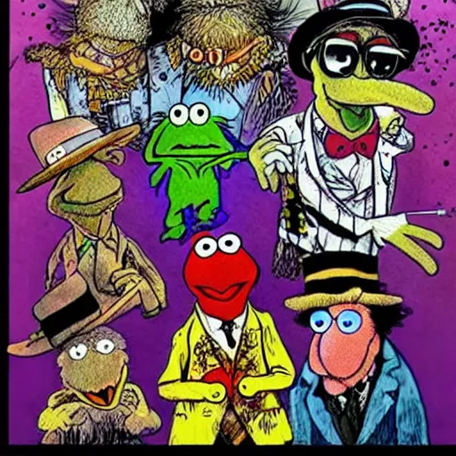 Image similar to the muppets drawn by ralph steadman fear and loathing in las vegas style