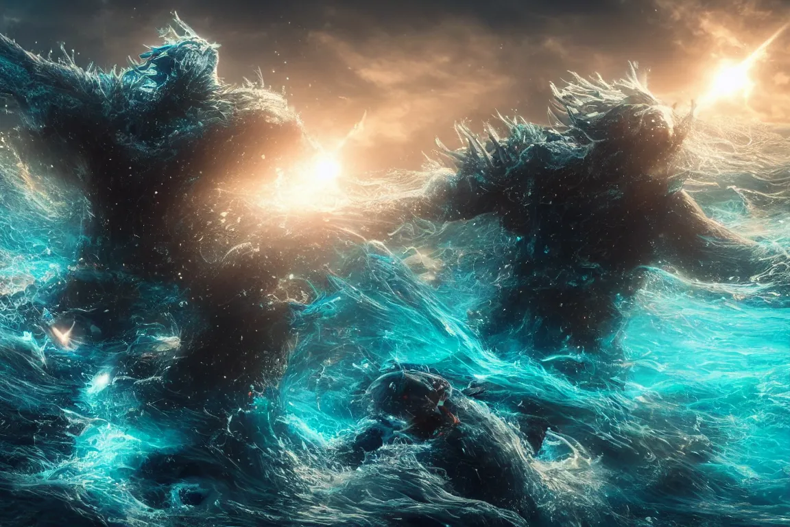 Prompt: colossal shaman god destroying very living thing in the ocean, cast across the night sky, 8 k, ultra realistic, lens flare, atmosphere, glow, detailed, intricate, full of colour, cinematic lighting, trending on artstation, 4 k, hyperrealistic, focused, extreme details, unreal engine 5, cinematic, masterpiece