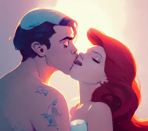 Image similar to portrait of eric kissing ariel by atey ghailan, by greg rutkowski, by greg tocchini, by james gilleard, by joe fenton, by kaethe butcher, dynamic lighting, gradient light blue, brown, blonde cream and white color scheme, grunge aesthetic