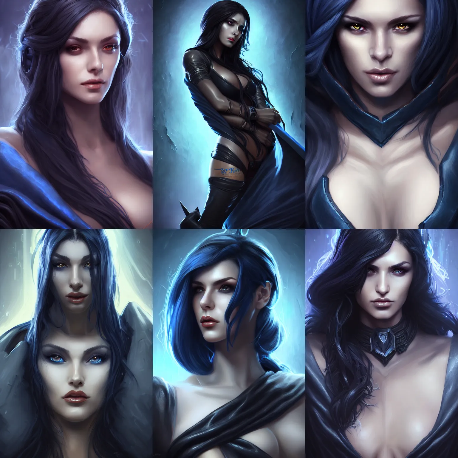 Prompt: portrait of a beautiful woman in a leather cloth, dark blue long hair, grey eyes, georgian nose, art by legends of runeterra, art by league of legends, art by dungeon and dragons, science fiction, cyberpunk, artstation, cgsociety, high details, 8 k