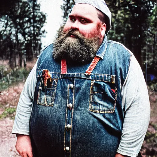 Image similar to obese redneck man with long beard wearing dirty and tattered overalls shirt, close up, kodak gold 2 0 0,