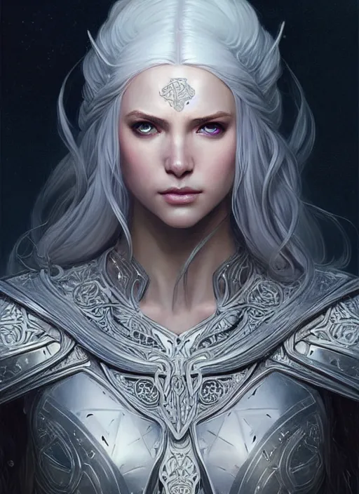 Image similar to light iridescent armor!!! long wild white hair!! covered chest!!! fantasy, d & d, intricate ornate details, digital painting, pretty face!!, symmetry, concept art, sharp focus, illustration, art by artgerm! greg rutkowski magali villeneuve wlop! ilya kuvshinov!!, octane render