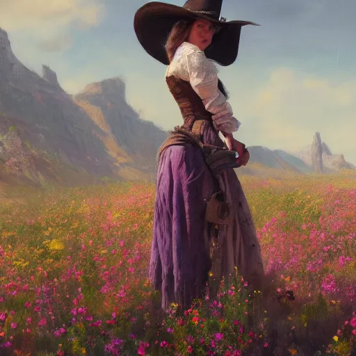 Image similar to a matte painting of the wild west, woman standing, patchy flowers, oil painting, pale colors, high detail, 8 k, wide angle, trending on artstation,