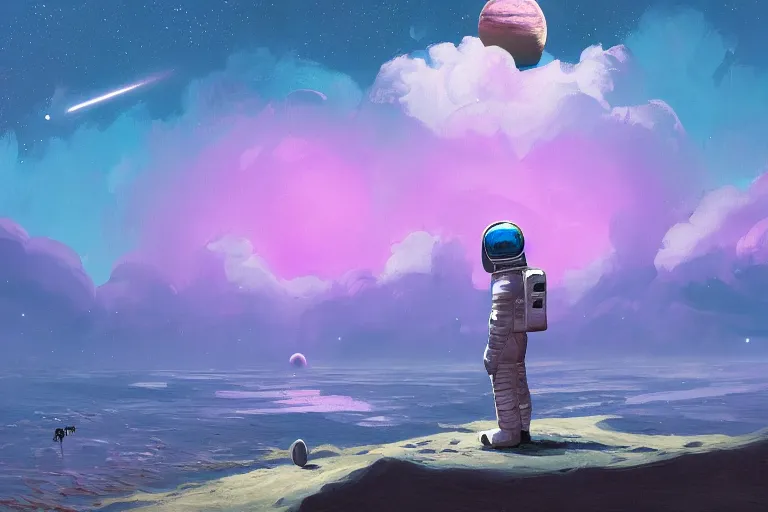 Image similar to astronaut sitting at the beach next to his spaceship on a pink, blue, purple alien planet watching an planet, surreal photography, dark night, stars, planets, moon light, alien vegetation, impressionist painting, clouds, digital painting, artstation, simon stalenhag