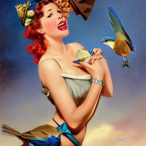 Image similar to pinup girl holding an indigo bunting, bird, the bird is wearing a crown and bowtie by greg rutkowski, rossdraws, gil elvgren, enoch bolles, anime, very coherent