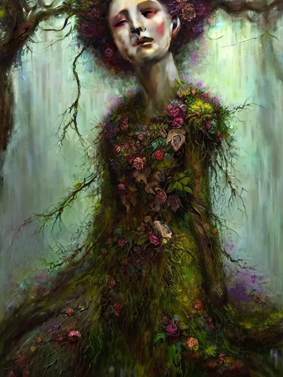 Image similar to Full View Portrait Mystical ethereal Forest deity wearing beautiful dress, vines tree bark moss Dryad made of forest beautiful dress, 4k digital masterpiece by Craig Mullins and Ruan Jia and Tom bagshaw, Alberto Seveso, fantasycore, Hyperdetailed, realistic oil on linen, soft lighting, kush background, featured on Artstation, textured, stylized, intricate details