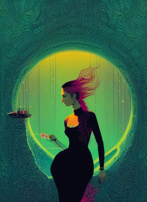 Prompt: sensual beautiful young delhi girl wearing a western little black dress at a bar, epic scene, by victo ngai, kilian eng vibrant colours, dynamic lighting, digital art, winning award masterpiece, fantastically beautiful, illustration, aesthetically inspired by beksinski and dan mumford, trending on artstation, art by greg rutkowski, 8 k