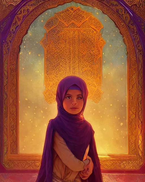 Image similar to a bedouin child infront of an big open quran highly detailed, gold filigree, romantic storybook fantasy, soft cinematic lighting, award, disney concept art watercolor illustration by mandy jurgens and alphonse mucha and alena aenami, pastel color palette, featured on artstation