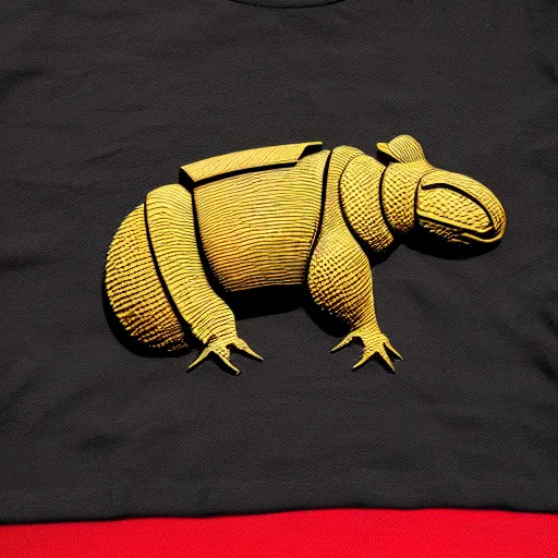 Image similar to a 3d design of a black t-shirt, armadillo patriot potus, modern art placed in a large living room, superrealism 3d 8k resolution