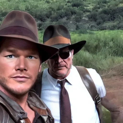 Image similar to chris pratt as indiana jones 5, epic pose, selfie with harrison ford