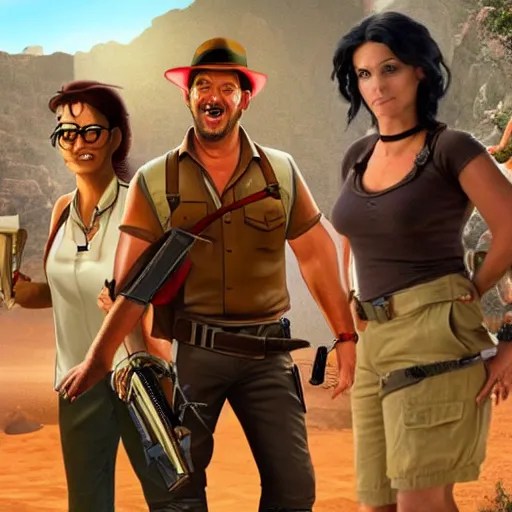 Prompt: still from the movie with Indiana Jones (played by Guy Fieri), Lara Croft (played by Linda Belcher) and Nathan Drake (played by Donald Duck), award-winning cinematography, 4k