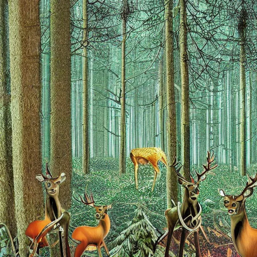 Image similar to a cybernetic ecology. joined back to nature, all watched over by machines of loving grace. a cybernetic forest filled with pines and electronics where deer stroll peacefully past computers as if they were flowers with spinning blossom