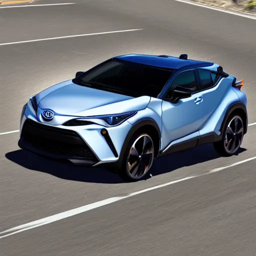 Image similar to toyota chr on a road, hyperrealistic render, new model