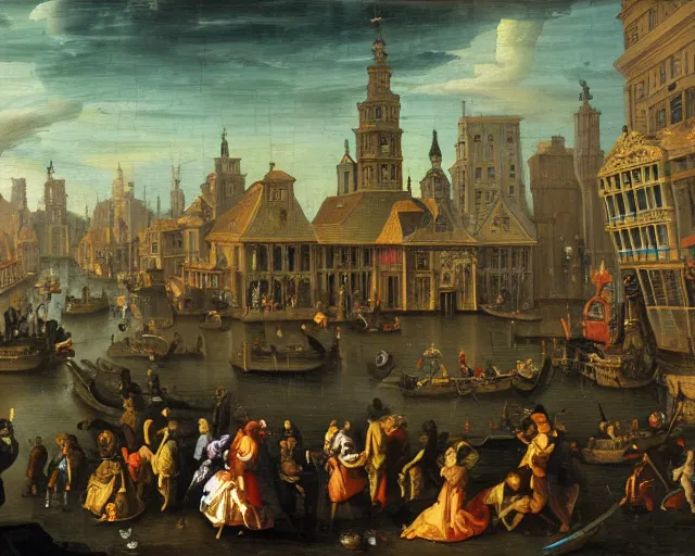 Image similar to baroque dutch painting from 1 6 7 0 of a cyberpunk city nightlife