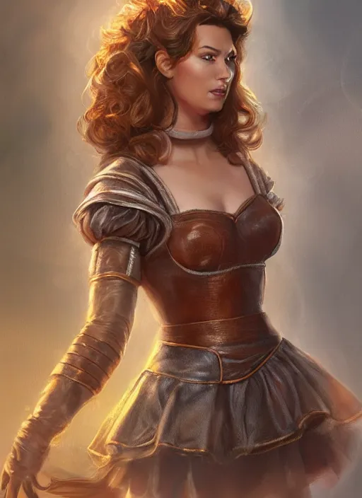 Image similar to beautiful female dorothy gale, rebecca romijn as dorothy, full body character concept, full leather armor, super powers, fantasy, intricate, elegant, highly detailed, digital painting, artstation, concept art, shining, sharp focus, illustration, art by stanley lau