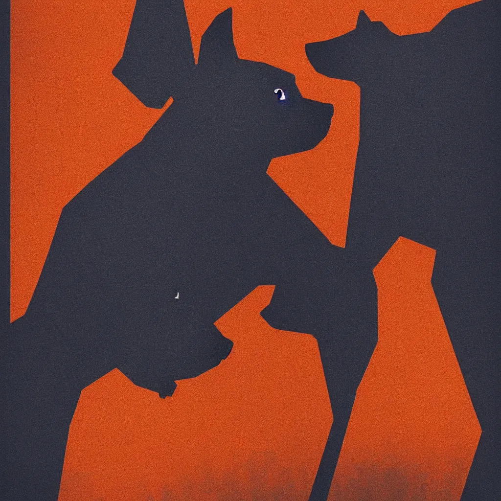 Image similar to seriously?? dog meme, mads berg, karolis strautniekas, film noir, stippled light, dramatic lighting, editorial illustration, detailed, fine texture, matte print, art deco, brutalism, dark blue + dark orange, red, black, ( ( habitat 6 7 background ) )