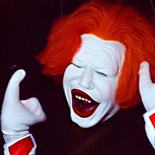 Prompt: creppy 2 0 0 3 photo of ronald mcdonald screaming in a dark room