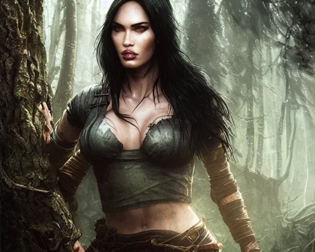 Prompt: 5 5 mm portrait photo of a real life tough looking megan fox as ciri with a large scar along her left cheek, in a magical forest. dark atmosphere. art by greg rutkowski. highly detailed 8 k. intricate. lifelike. soft light. nikon d 8 5 0.