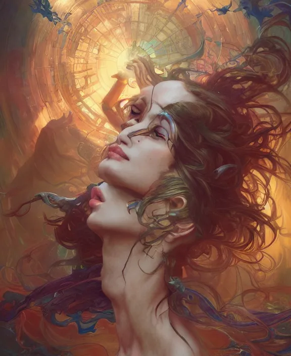 Prompt: a whirlwind of souls rushing inside the metaverse, half body, glowin eyes, d & d, fantasy, intricate, elegant, highly detailed, colorful, vivid color, digital painting, artstation, concept art, art by artgerm and greg rutkowski and alphonse mucha and ruan jia