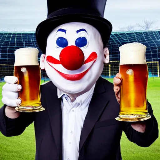 Image similar to silly little grumpy man clown with a beer in front of a soccer match