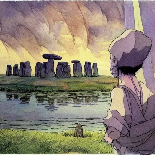 Image similar to a hyperrealist studio ghibli watercolor fantasy concept art. in the foreground is a giant monk in a grey robe lifting a stone. in the background is stonehenge. the scene is underwater on the sea floor. by rebecca guay, michael kaluta, charles vess