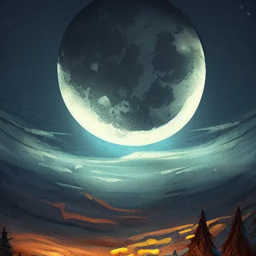 Image similar to night landscape with big moon on background, acrilic paint, digital, artstation, detailed intricate ink illustration, heavenly atmosphere, digital art, overdetailed art, concept art, complementing colors, trending on artstation, cgstudio, the most beautiful image ever created, dramatic, subtle, details, award winning artwork, beautiful scenery