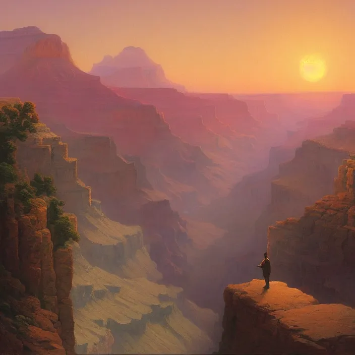 Prompt: a beautiful painting of a grand canyon, sunset by ivan aivazovsky and rhads and rene magritte and greg rutkowski and james gurney, in style of digital art. hyper detailed, sharp focus, soft light. octane render. ray tracing. trending on artstation