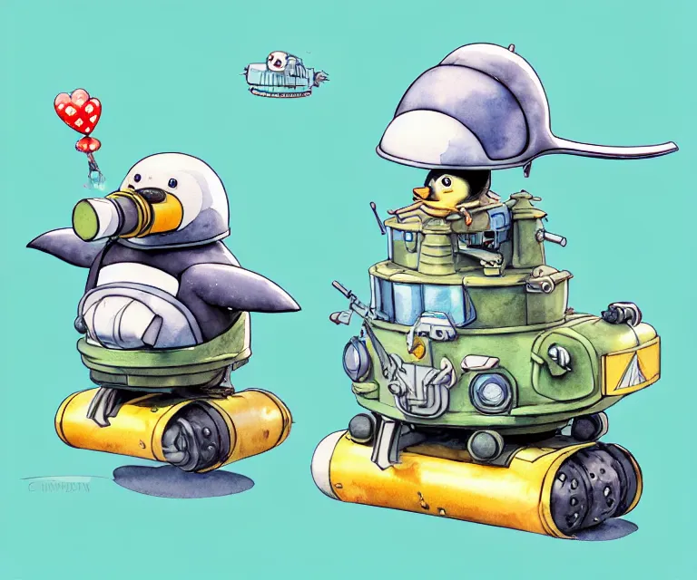 Image similar to cute and funny, penguin wearing a helmet riding in a tiny tank with a large cannon, ratfink style by ed roth, centered award winning watercolor pen illustration, isometric illustration by chihiro iwasaki, edited by range murata, tiny details by artgerm and watercolor girl, symmetrically isometrically centered, sharply focused