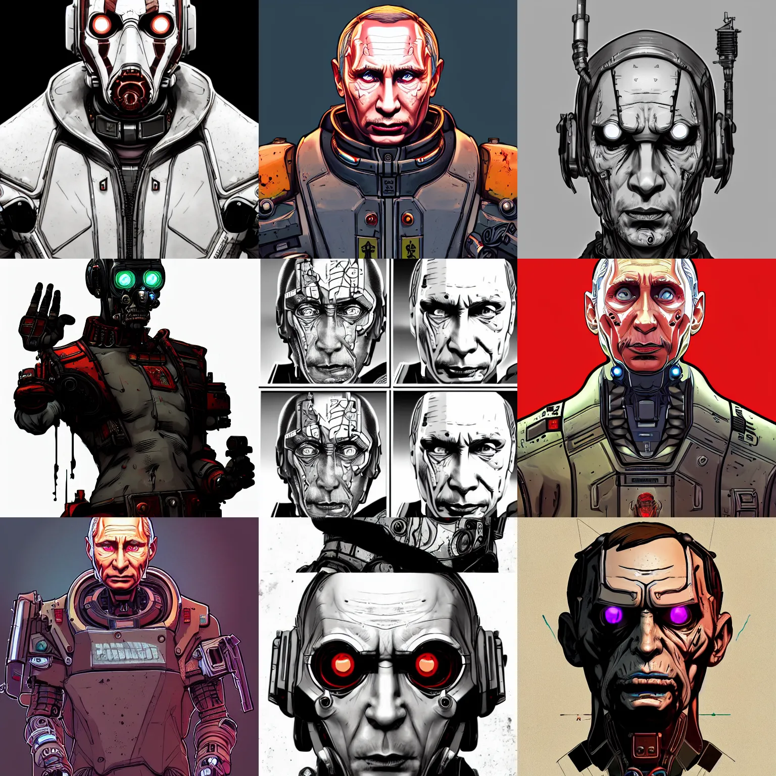 Prompt: a study of cell shaded complex sharp portrait of a cyborg vladimir putin as Borderlands 3 concept art, llustration, post grunge, concept art by Laurie Greasley, highly detailed, sharp focus, alien, Trending on Artstation, HQ, deviantart