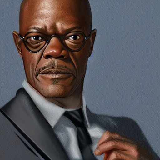 Image similar to Samuel Jackson as james bond, portrait, highly detailed, digital painting, artstation, concept art, sharp focus, illustration, art , style of Walter Martin Baumhofer