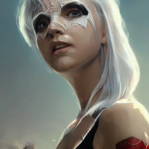 Image similar to full body portrait of white haired girl in spider man suit, super hero, webs, highly detailed, very beautiful face, very detailed eyes, digital art, artstation, concept art, smooth, sharp focus, greg rutkowski, wlop