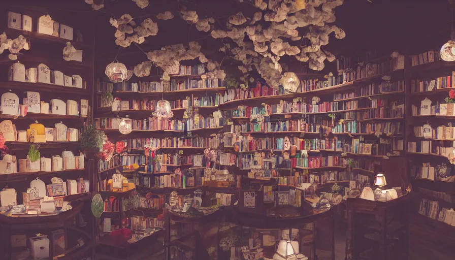 Prompt: a Wes Anderson 35mm film still of a very surreal magic bookshop with a beautiful dream like waterfall inside, apothecary, botanical garden, falling cherry blossom pedals, in the style of Gucci, glowing lights and floating lanterns, foggy atmosphere, crystals, rainy, moody, muted colors, magic details, very detailed, 8k, cinematic look, octane render, psychedelic,