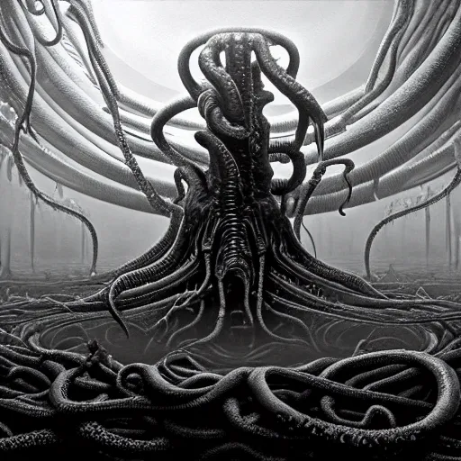 Prompt: Vicariously I, live while the whole world dies, ultra realist soft painting of the world of Lovecraft Elden Ring and Giger, gigantic oily tentacles and eyes, very intricate details, ultra dense fog, golden ratio, volumetric black and white lighting, reflections, refractions, symmetry accurate anatomy features, octane render