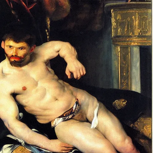 Image similar to russian young muscular athlete man posing in his living room, 1987, Peter Paul Rubens, manet, renoir