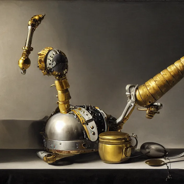 Image similar to still life painting of a cybernetic arm by pieter claesz, oil on canvas, strong lighting, highly detailed, hyper realism, golden hour, god rays, hd, 4 k