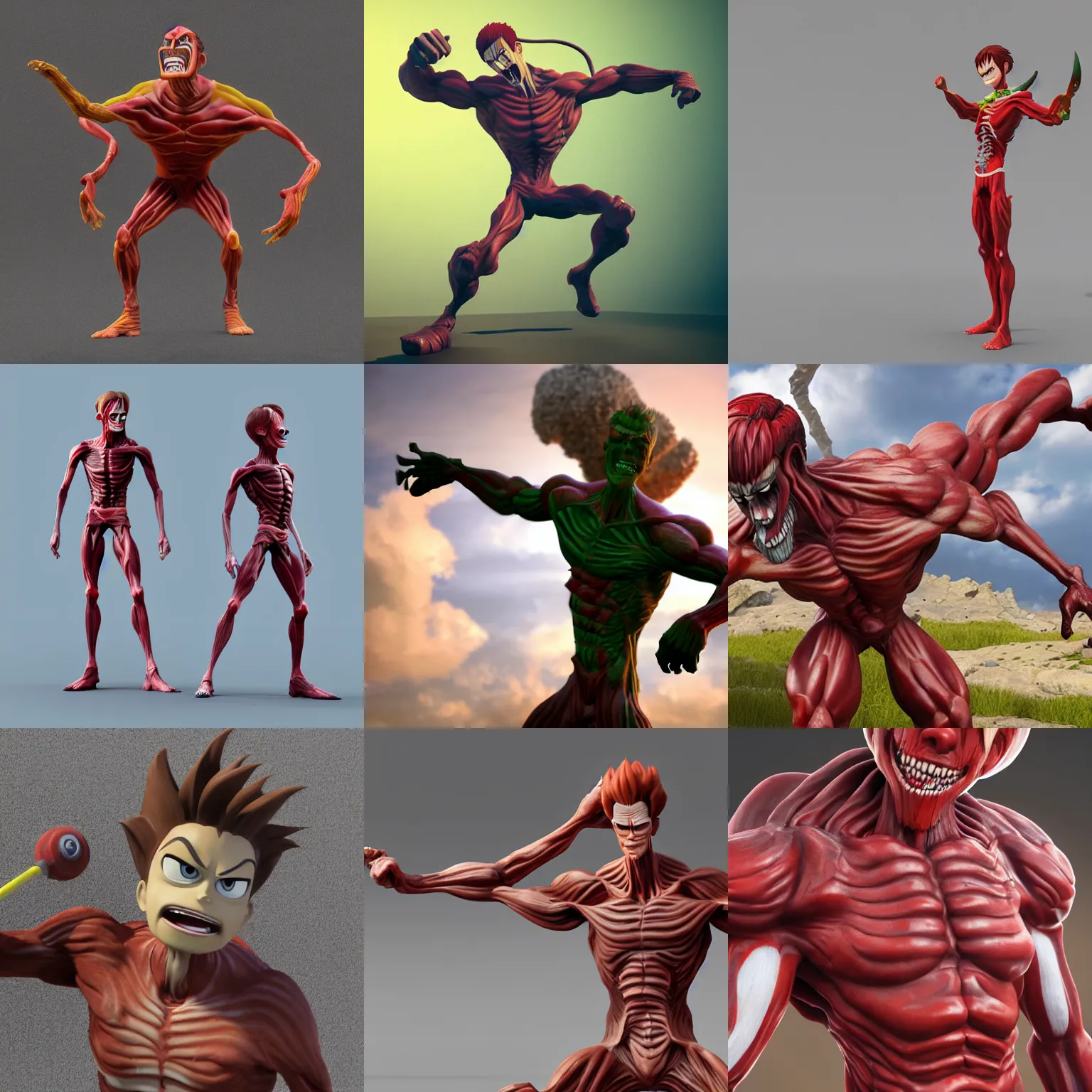 Prompt: 3 d model of jimmy neutron as the colossal titan from attack on titan dabbing, substance painter, painted texture maps, octane render, 8 k,