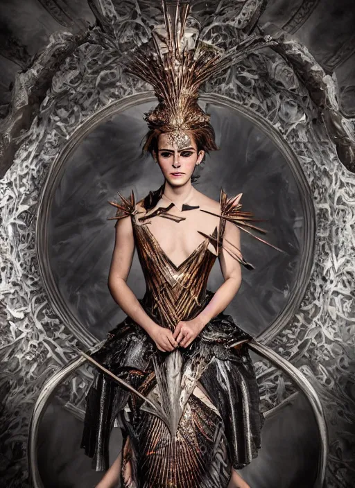 Prompt: expressive full body photo of a emma watson, headpiece made from knives, dress made of swords, glamour shot, by karol bak, by stefan gesell, photorealistic, canon r 3, fashion photography, hyper maximalist, elegant, ornate, luxury, elite, environmental portrait, symmetrical features, octane render, unreal engine, solid dark grey background, dramatic lights