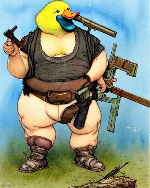 Image similar to a realistic and atmospheric watercolour fantasy character concept art portrait of a fat adorable dirty chibi duck wearing a wife beater and aiming a rifle, by rebecca guay, michael kaluta, charles vess and jean moebius giraud