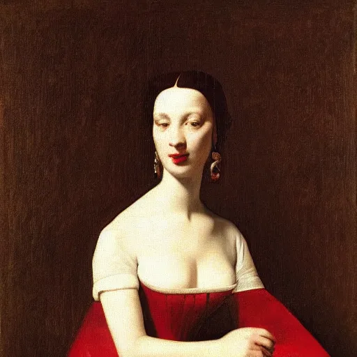 Prompt: sublime portrait of a woman in a red satin dress, very pale, graceful, imposing, idealistic, by Vermeer, Van Dyck, Jean Auguste Dominique Ingres, 17th-century, smooth, sharp focus, highly realistic