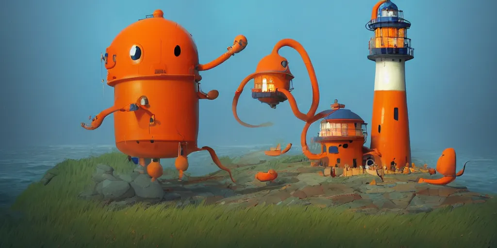 Prompt: cute orange and blue cartoon monsters building a lighthouse by Goro Fujita and Simon Stalenhag , 8k, trending on artstation, hyper detailed, cinematic