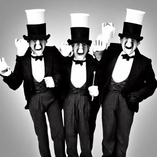 Image similar to 3 monkeys pointing their fingers at the camera. wearing top hats, laughing uncontrollably, hysterical laughter