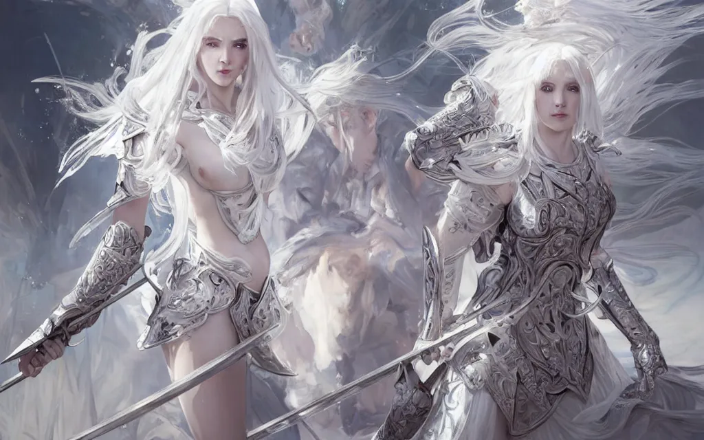 Image similar to white hair knights of zodiac girl, sliver ice color reflected armor, bushido fighting in ruined agora of athens sunrise, ssci - fi and fantasy, intricate and very very beautiful and elegant, highly detailed, digital painting, artstation, concept art, smooth and sharp focus, illustration, art by tian zi and wlop and alphonse mucha