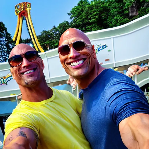 Prompt: dwayne Johnson and jerma985 selfie photograph at amusement park