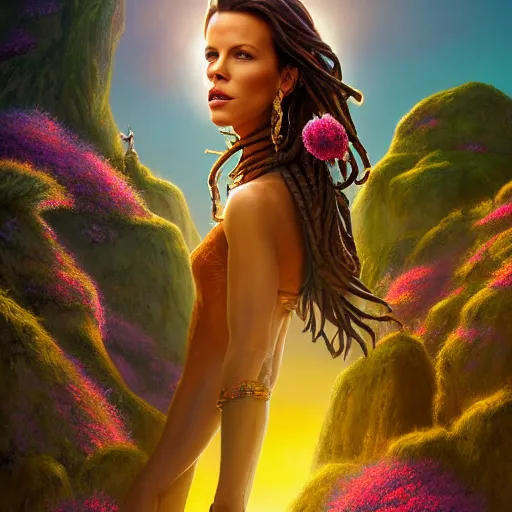 Prompt: a very regal kate beckinsale with colorful dreadlocks and lots of jewlery sitting on a cliff overlooking a field of colorful flowers with a giant glowing baobab tree in the middle, it is sunset, by greg rutkowski and android jones and Alena Aenami in a surreal cyberpunk! style, oil on canvas, highly detailed face, 8k hd,